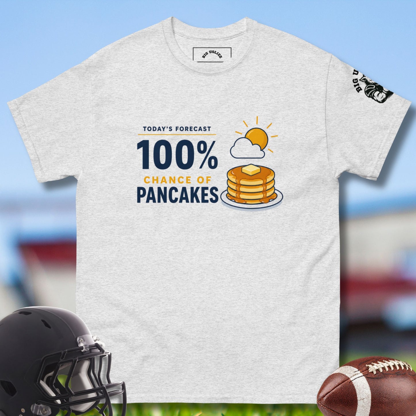 100 percent chance of pancakes tee for oline in light gray