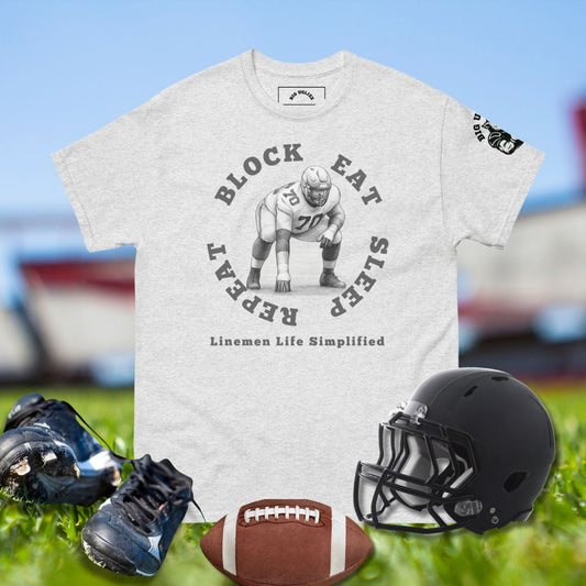Eat. Block. Sleep. Repeat. – Linemen Life Simplified Tee