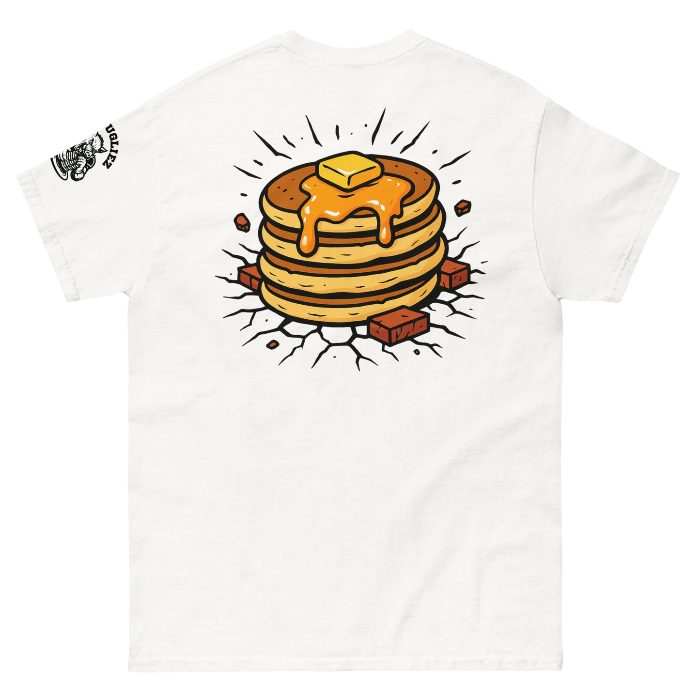 Back of Block Party Tshirt by Big Ugliez pancake stack bursting through a brick wall.