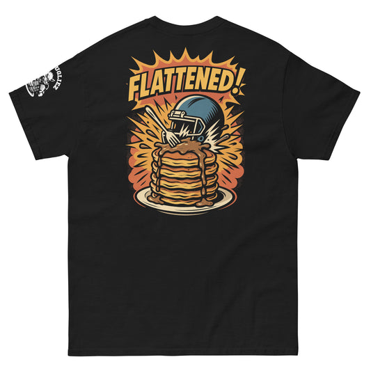 Back of Line Avengers Tshirt in Black with graphic image of pancakes and the word Flattened