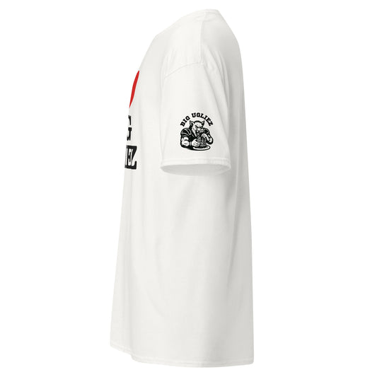 Big Ugliez logo on left sleeve of i-heart-big-ugliez-tee