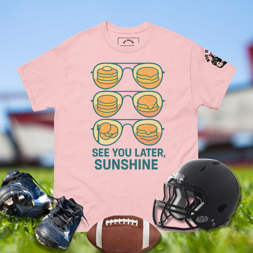 Big Ugliez Sunshine pink tee mixing offensive line humor with pancake breakfast design