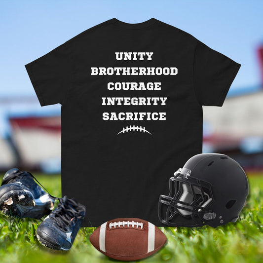 Black football t-shirt for Offensive Linemen with Unity, Brotherhood, Courage, Integrity, Sacrifice text