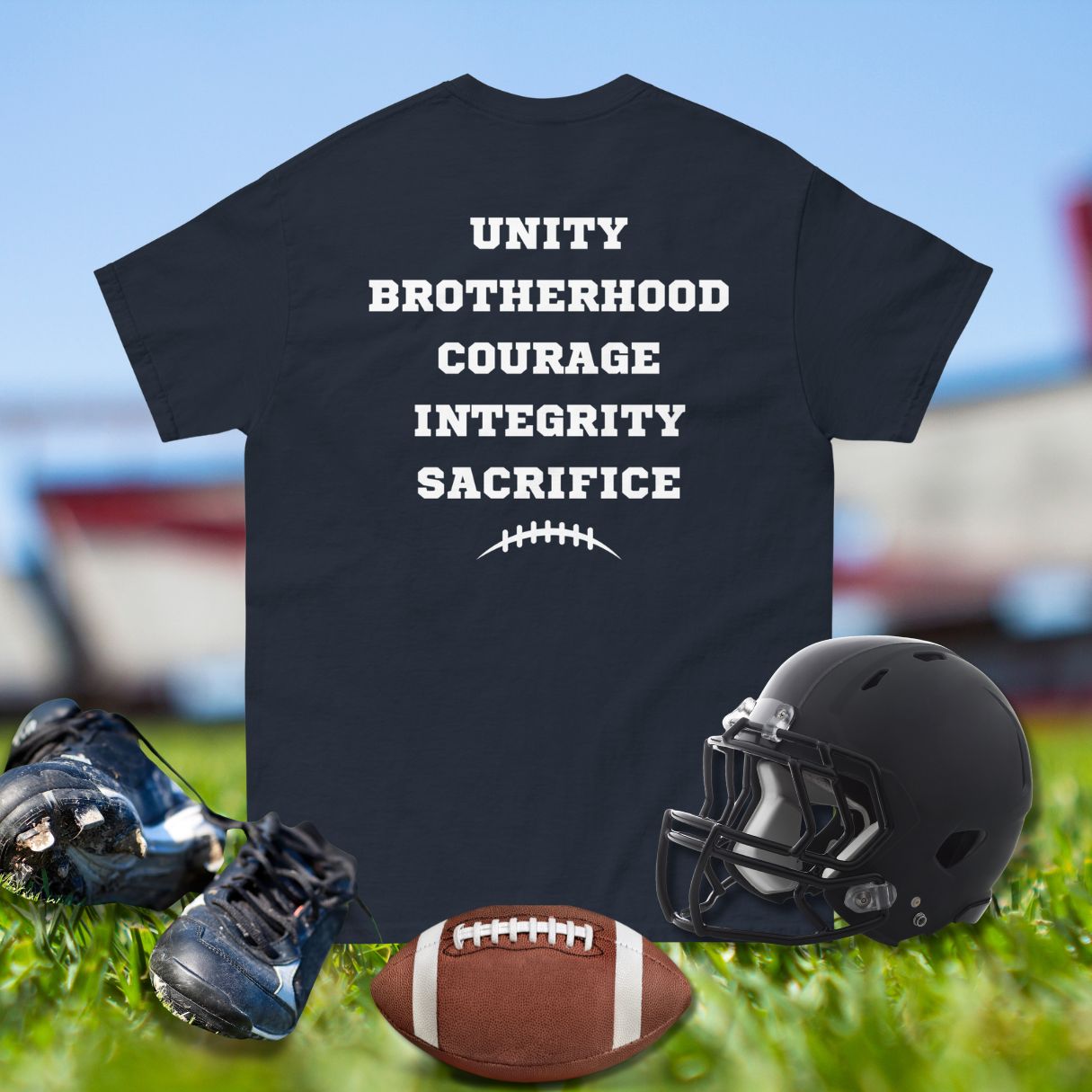 Blue football t-shirt for Offensive Linemen with Unity, Brotherhood, Courage, Integrity, Sacrifice text