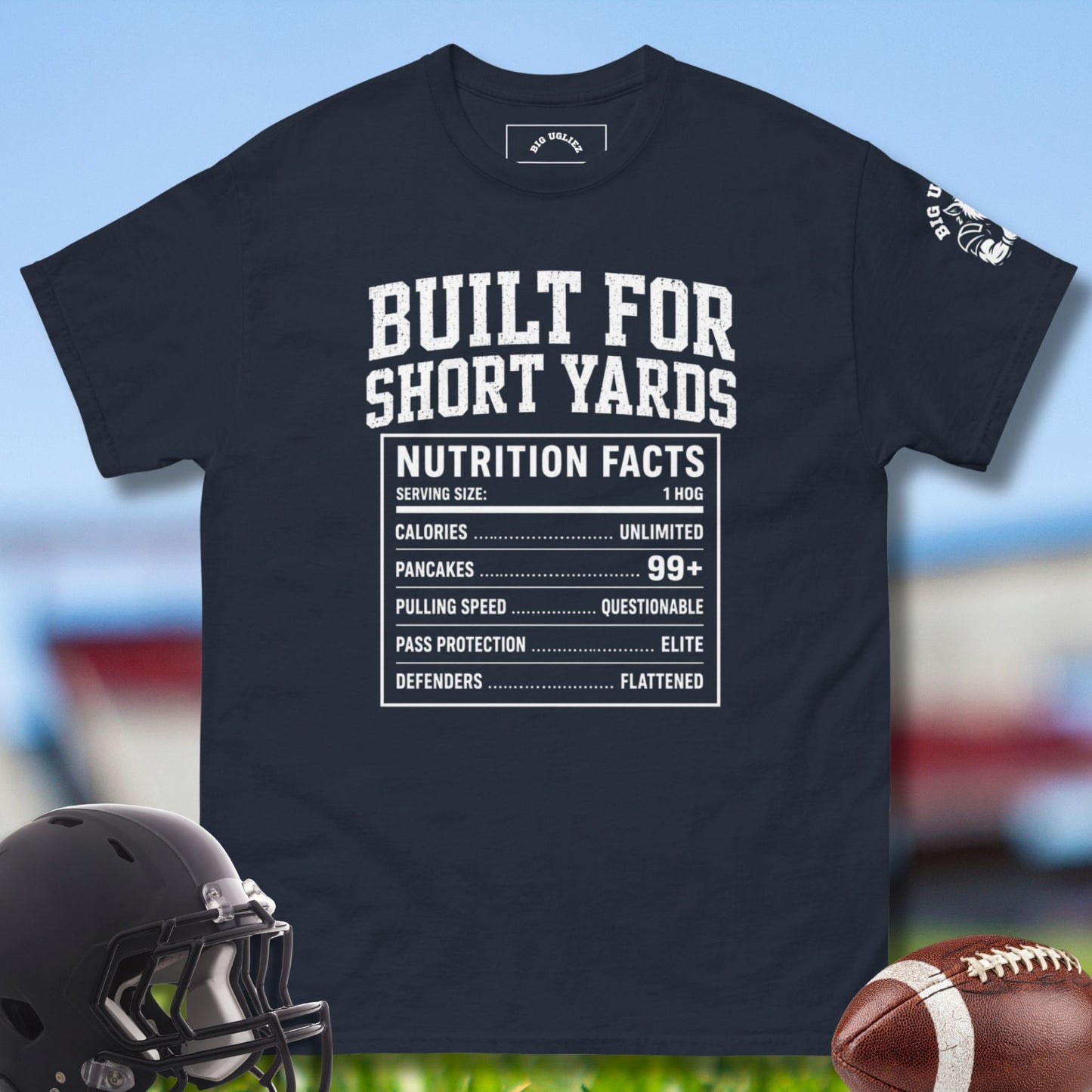 Build for Short Yards T-shirt for football offensiveline in blue