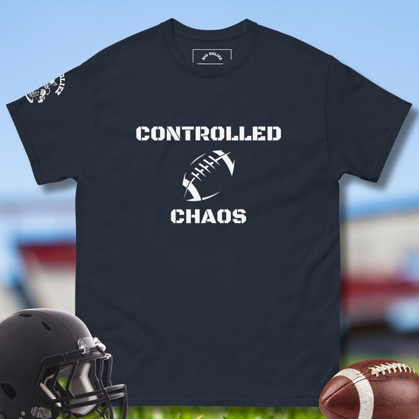 Controlled Chaos O-line Football T-shirt by Big Ugliez in Blue