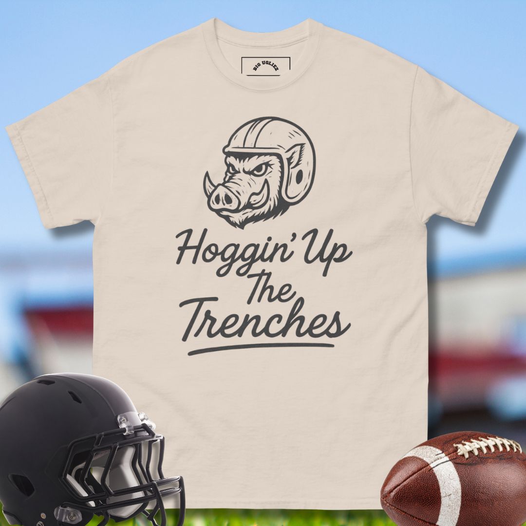 Football Offensive Lineman T-shirt Hoggin' Up the Trenches by Big Ugliez in Beige