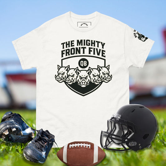 Football shirt with five hog heads in a shield and text The Mighty Front Five in white