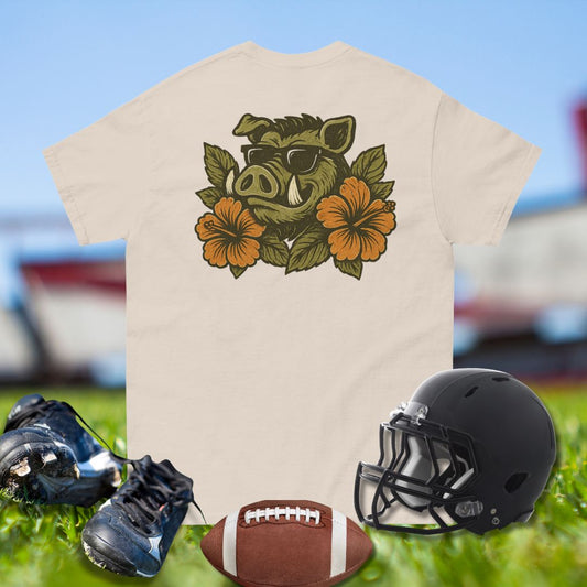 Football shirt with hog in sunglasses surrounded by orange hibiscus flowers and leaves