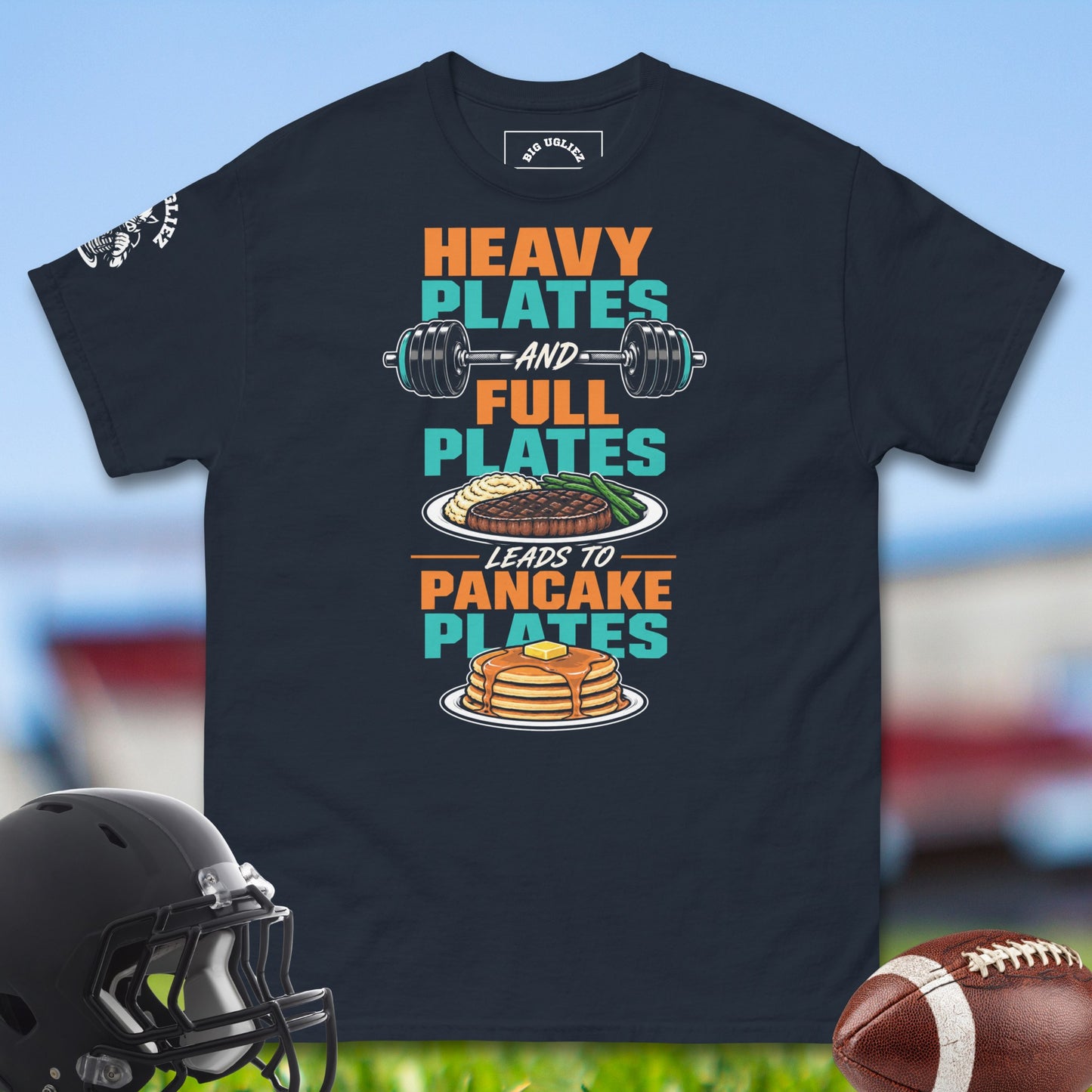 Heavy_Plates_And_Full_Plates_Leads_To_Pancake_Plates_T-shirt_for_Offensive_Lineman_in_Navy