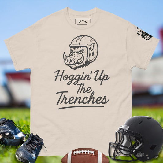 O-lineman football tee by Big Ugliez with hog mascot design and Hoggin’ Up The Trenches slogan, built for trench warriors.