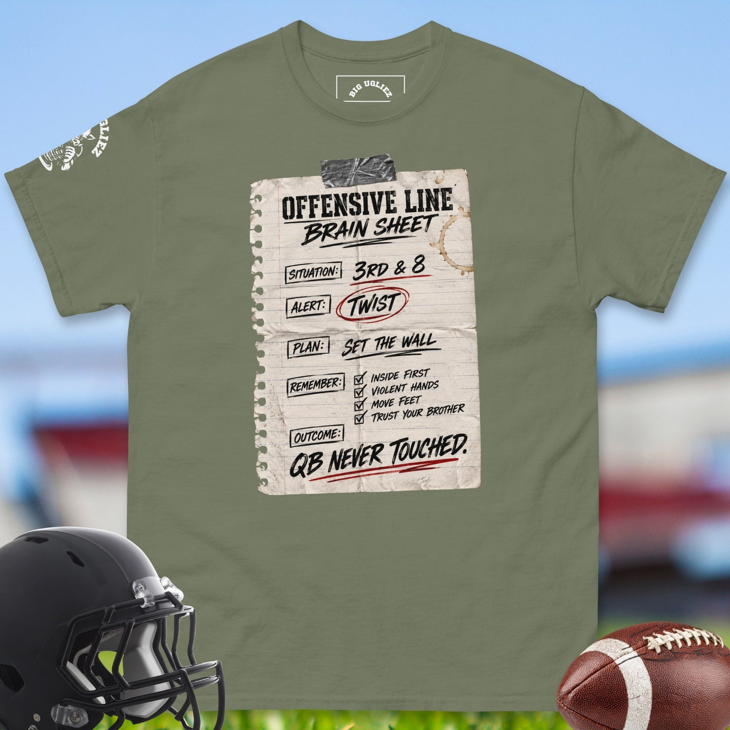 Offensive_Line_Brain_Sheet_T-shirt_for_Offensive_Lineman_in_Military_Green