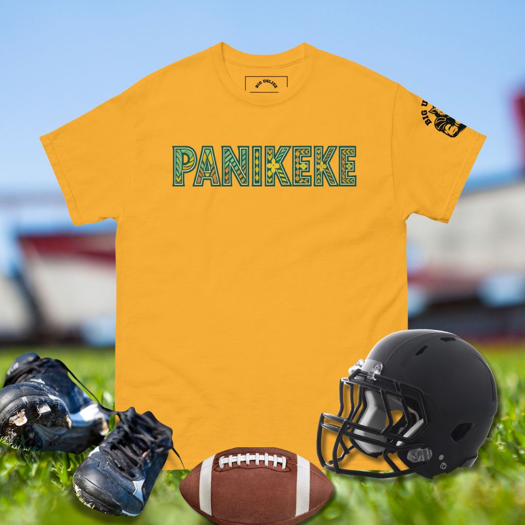 PANIKEKE Tribal Tee in tropical colors with Polynesian-inspired tattoo block letters.