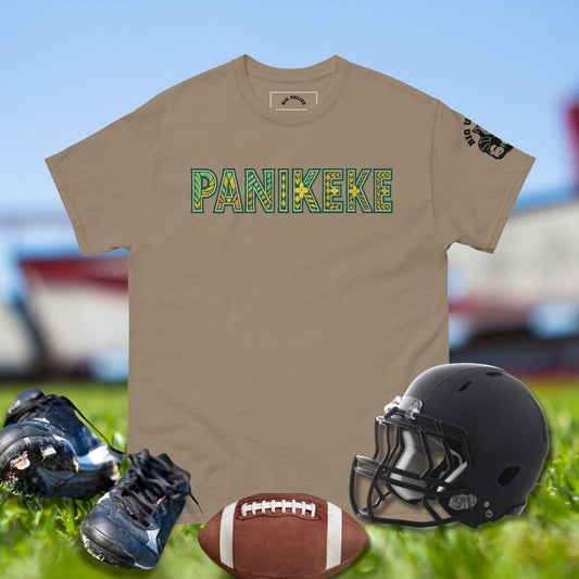 brown tshirt with PANIKEKE Tribal Tee in tropical colors with Polynesian-inspired tattoo block letters.