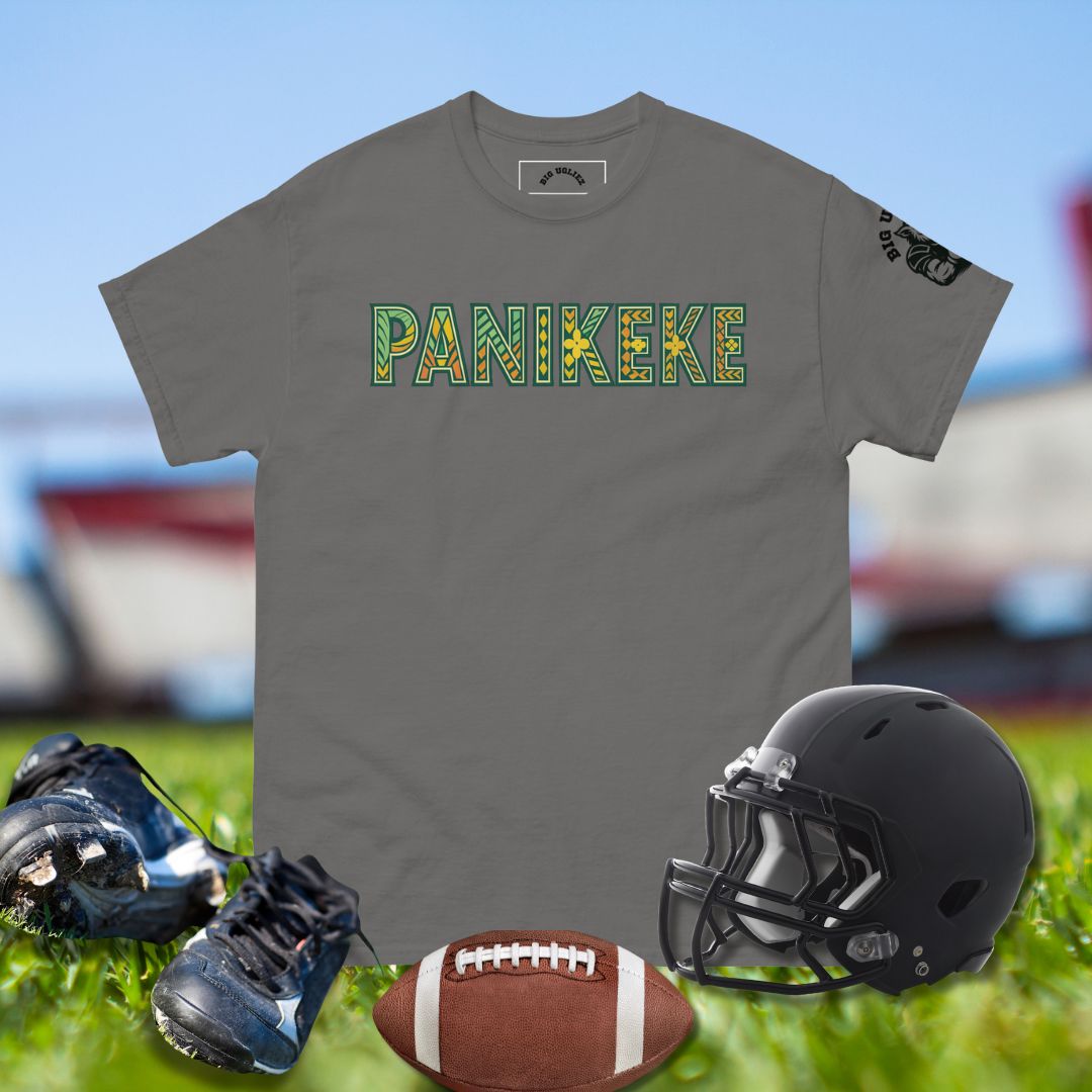 PANIKEKE Tribal Tee in tropical colors with Polynesian-inspired tattoo block letters in gray tshirt