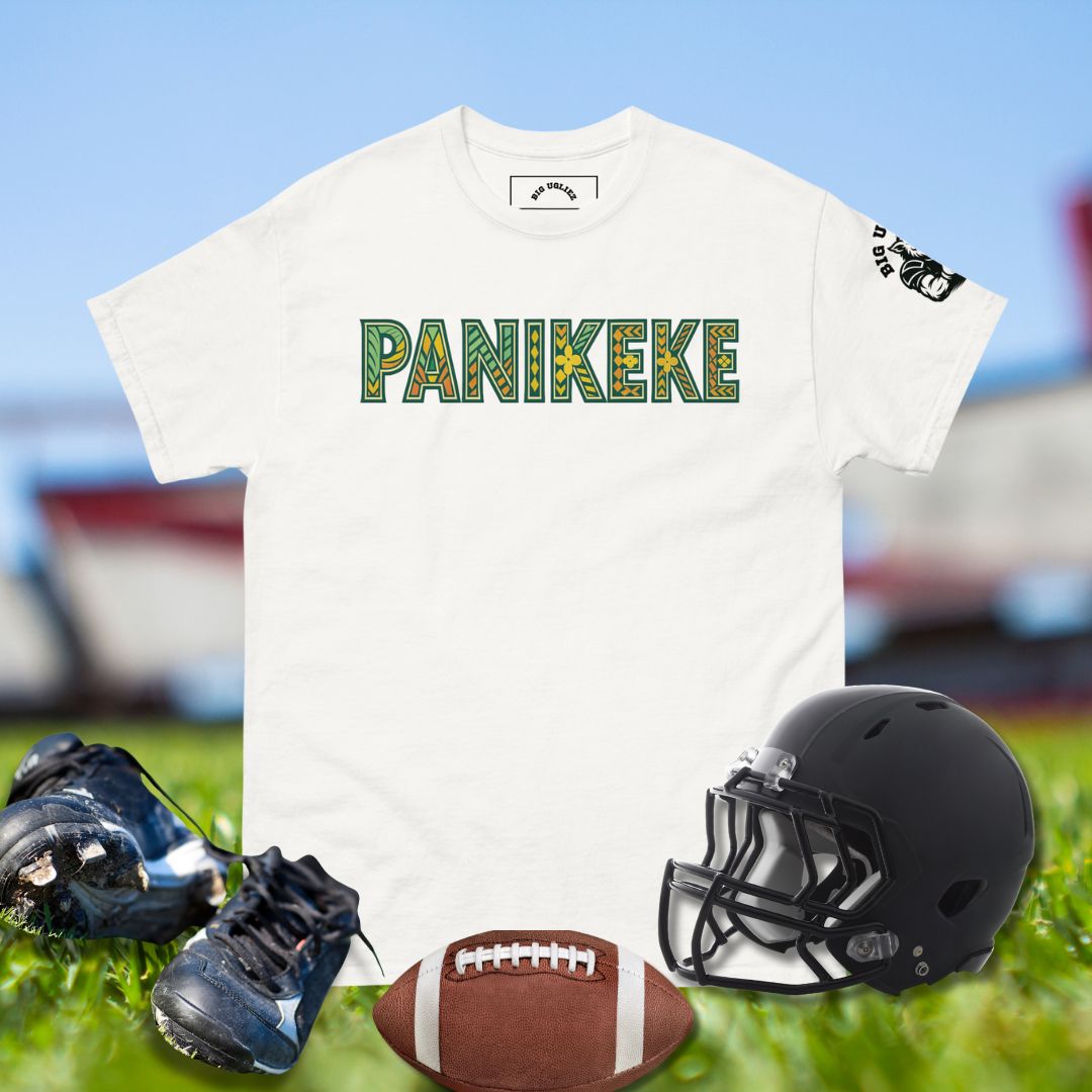 PANIKEKE Tribal Tee in tropical colors with Polynesian-inspired tattoo block letters in white t-shirt
