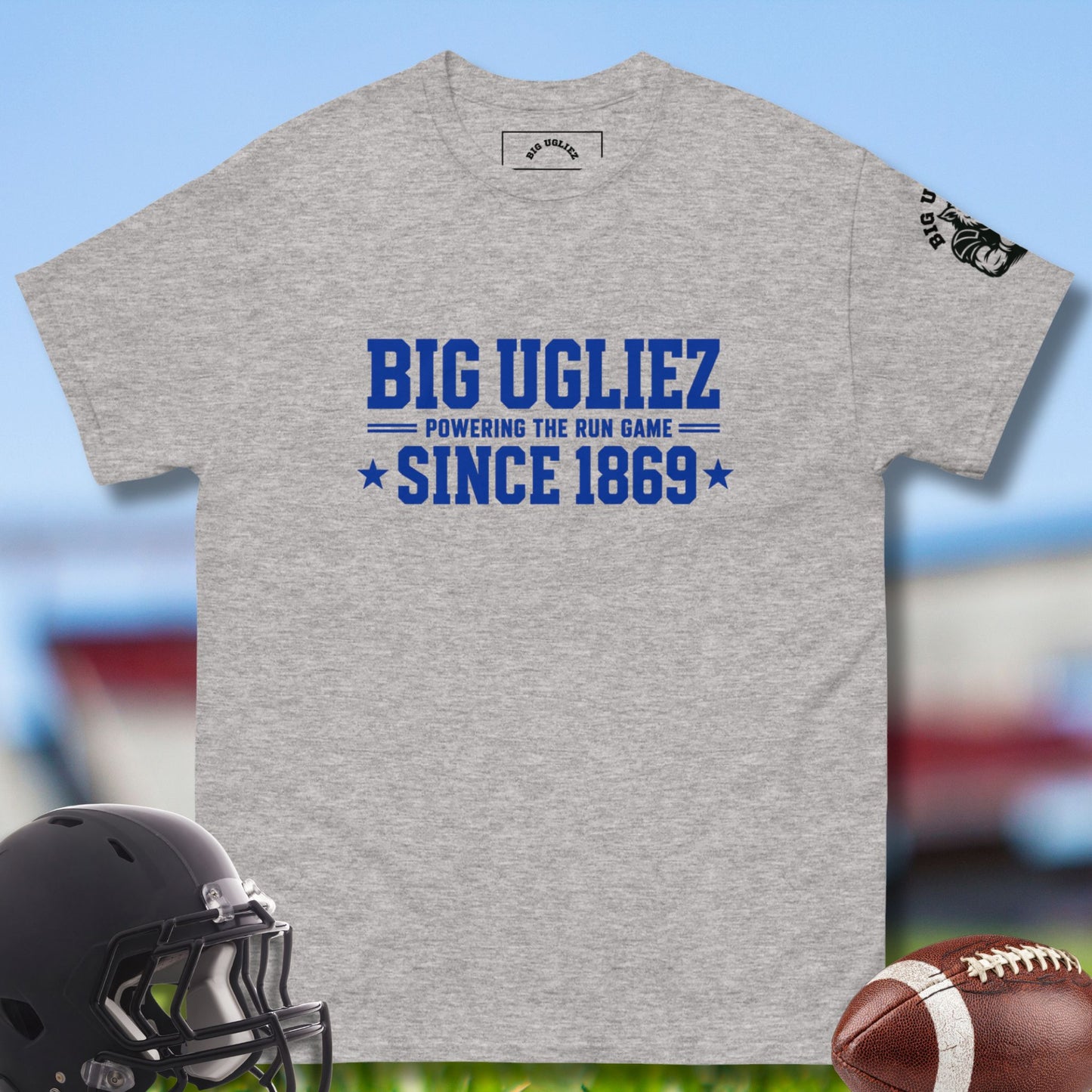 Powering The Run T-shirt for offensive linemen by Big Ugliez in gray