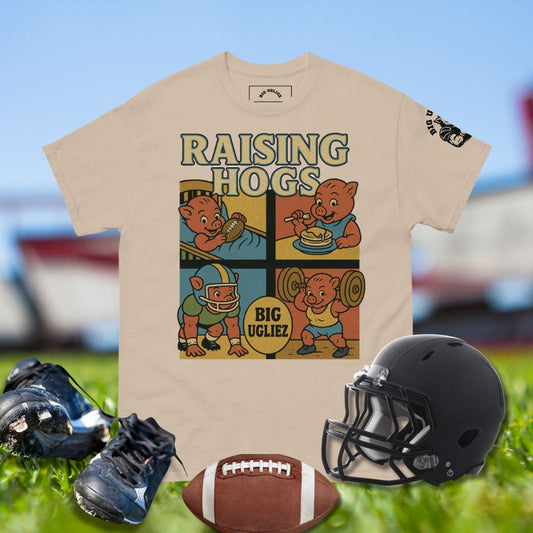 Retro football hog cartoon tee with humor — hogs eating, training, and playing ball, celebrating the O-line’s future in the trenches.