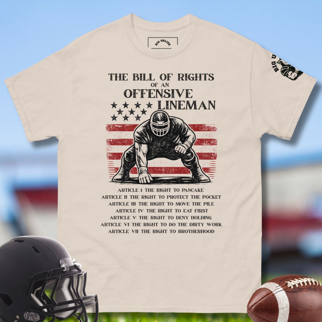 The Bill of Rights of an Offensive Linema T-shirt by Big Ugliez in beige