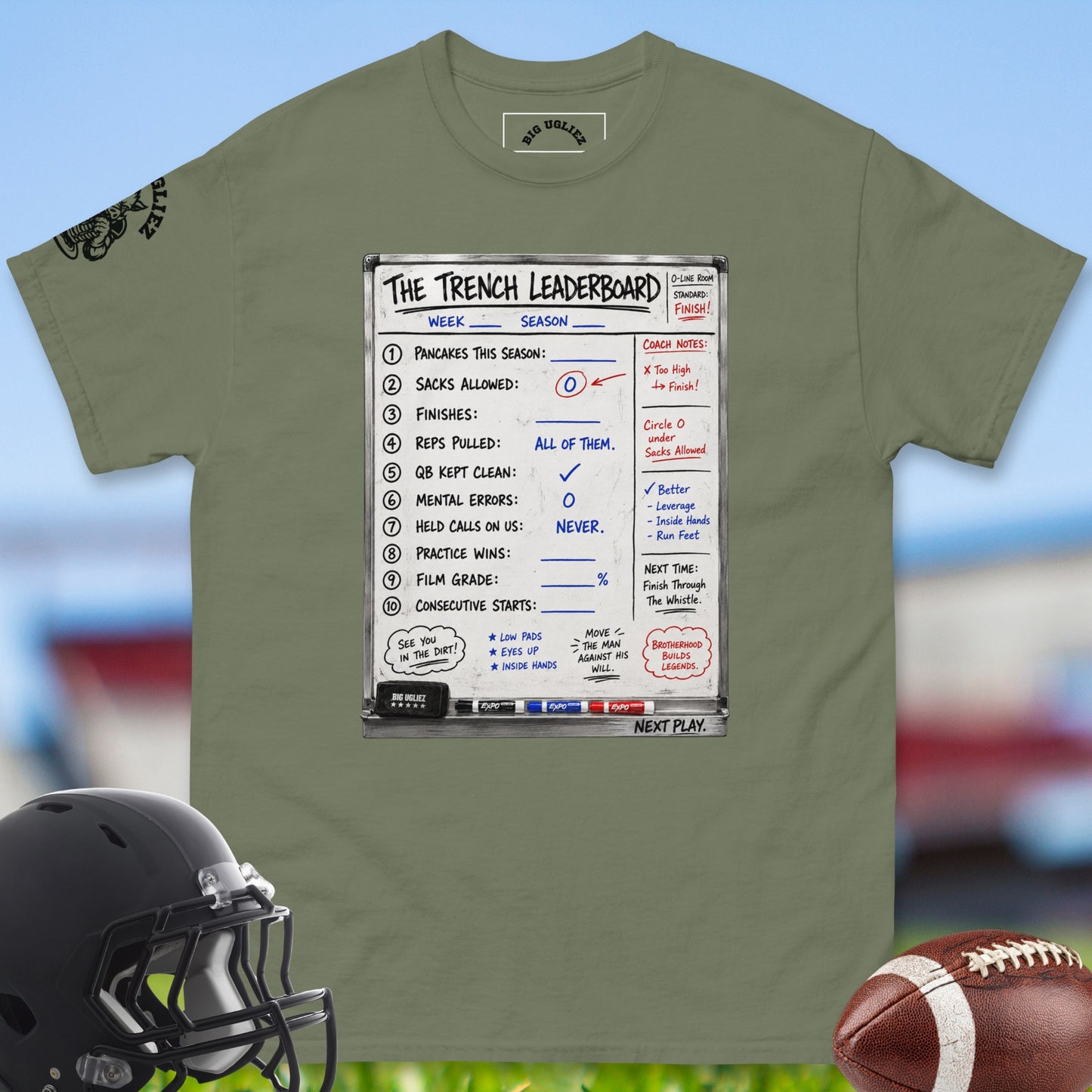 The_Trench_Leaderboard_T-shirt_for_Offensive_Lineman_in_Military_Green
