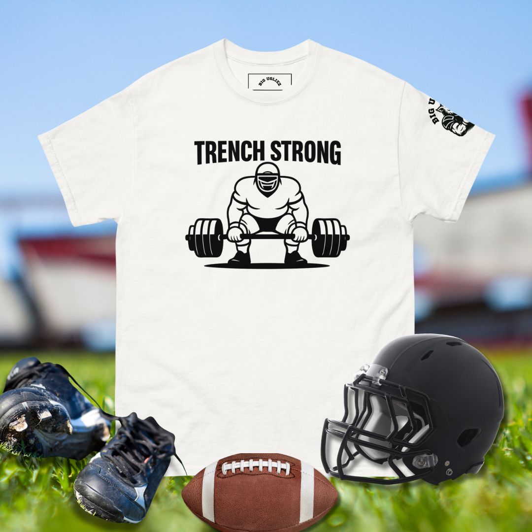 Minimalist offensive lineman in football uniform squatting under barbell loaded with plates, bold varsity text overhead.