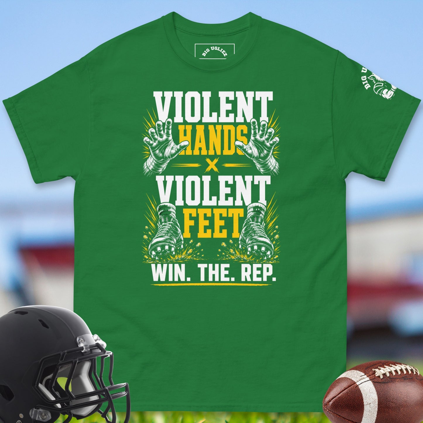 Violent_Hands_X_Violent_Feet_T-shirt_for_Offensive_Lineman_in_Turf_Green