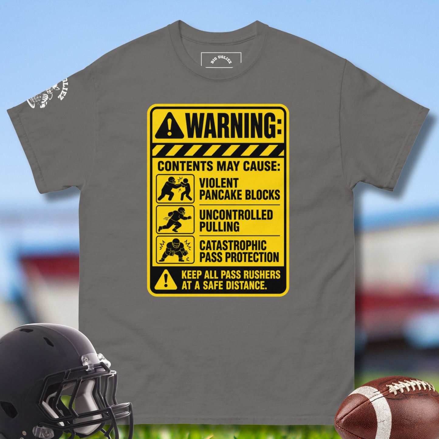 Warning Tshirt for Olinemen in charcoal by Big Ugliez