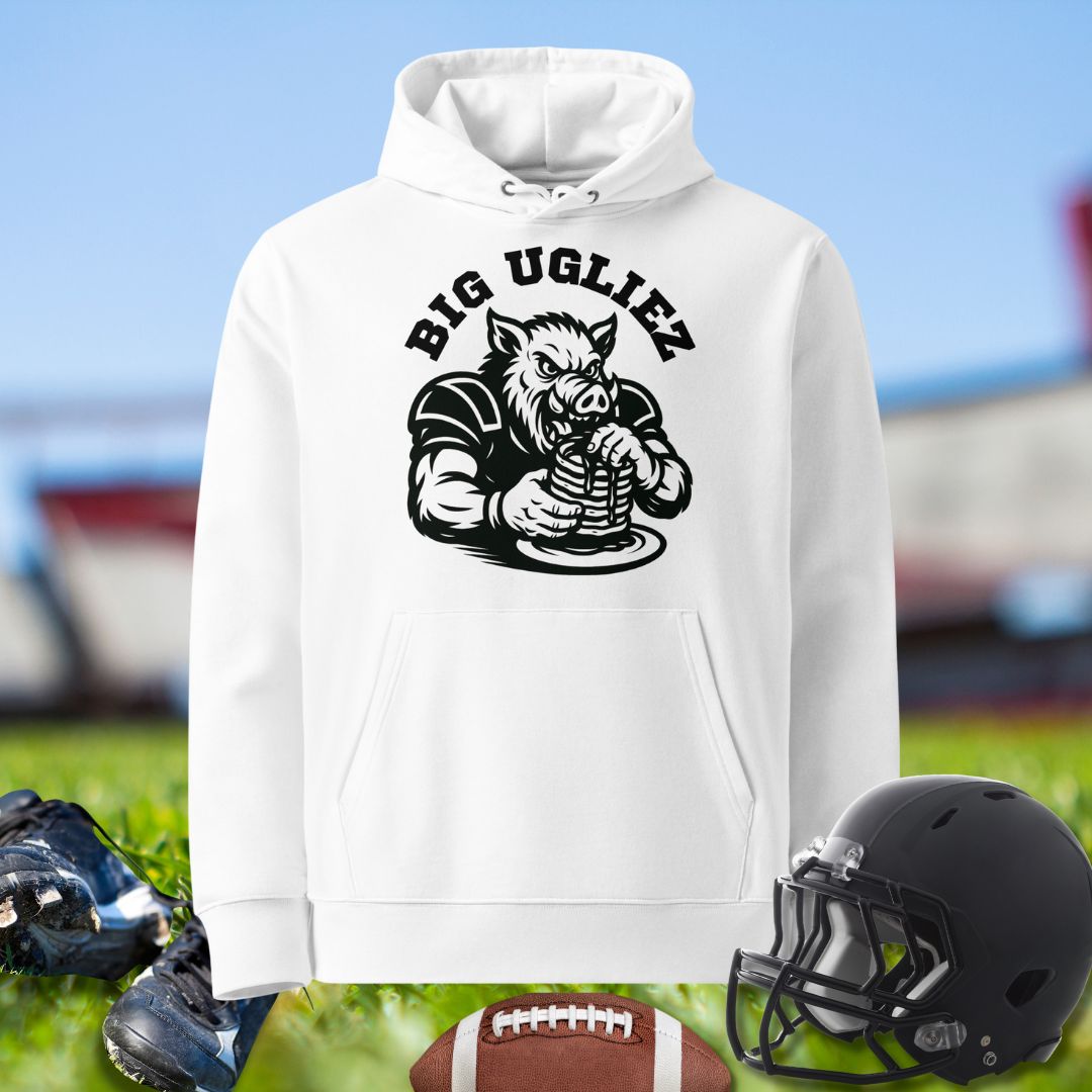 White hoodie with 'BIG UGLIEZ' graphic on a sports field background.