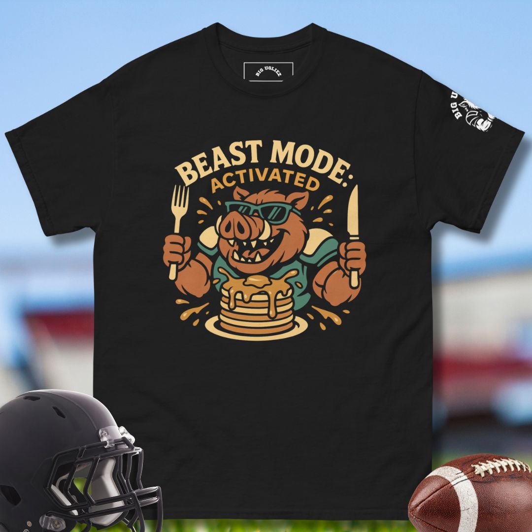 black tshirt with hog eating pancakes illustrations with the text "beast mode: actiivate"
