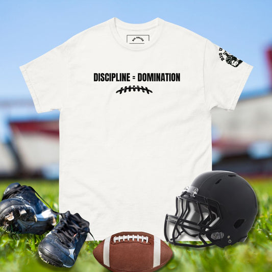 Football shirt with text Discipline = Domination and football lace graphic