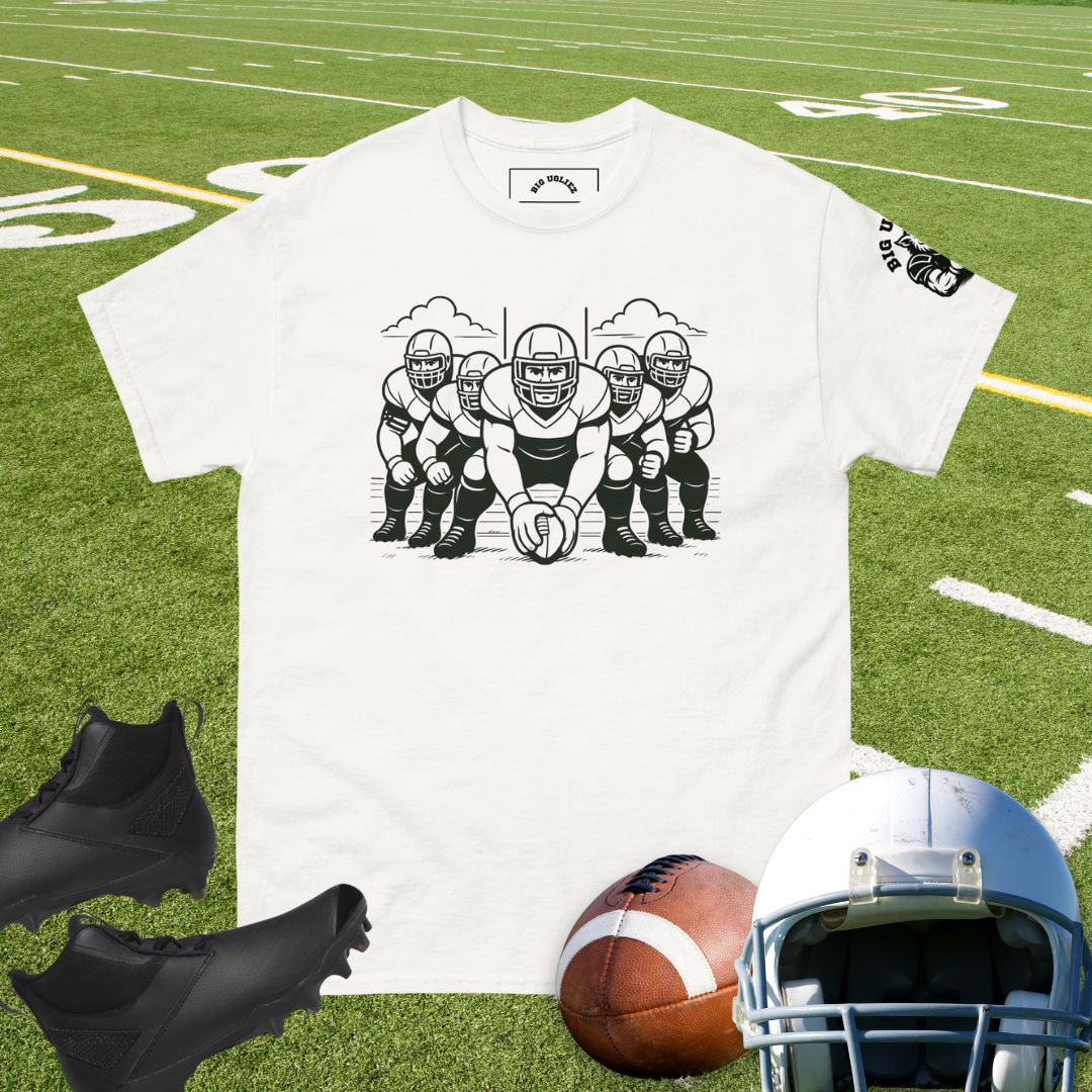Offensive linemen lined up in formation graphic on t-shirt