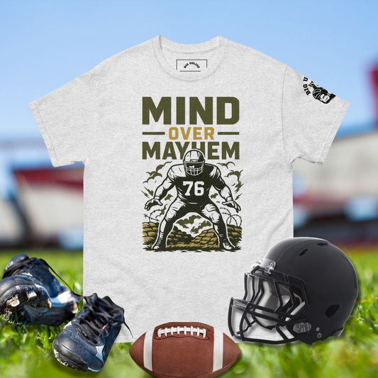 Football shirt with lineman in stance and text Mind Over Mayhem