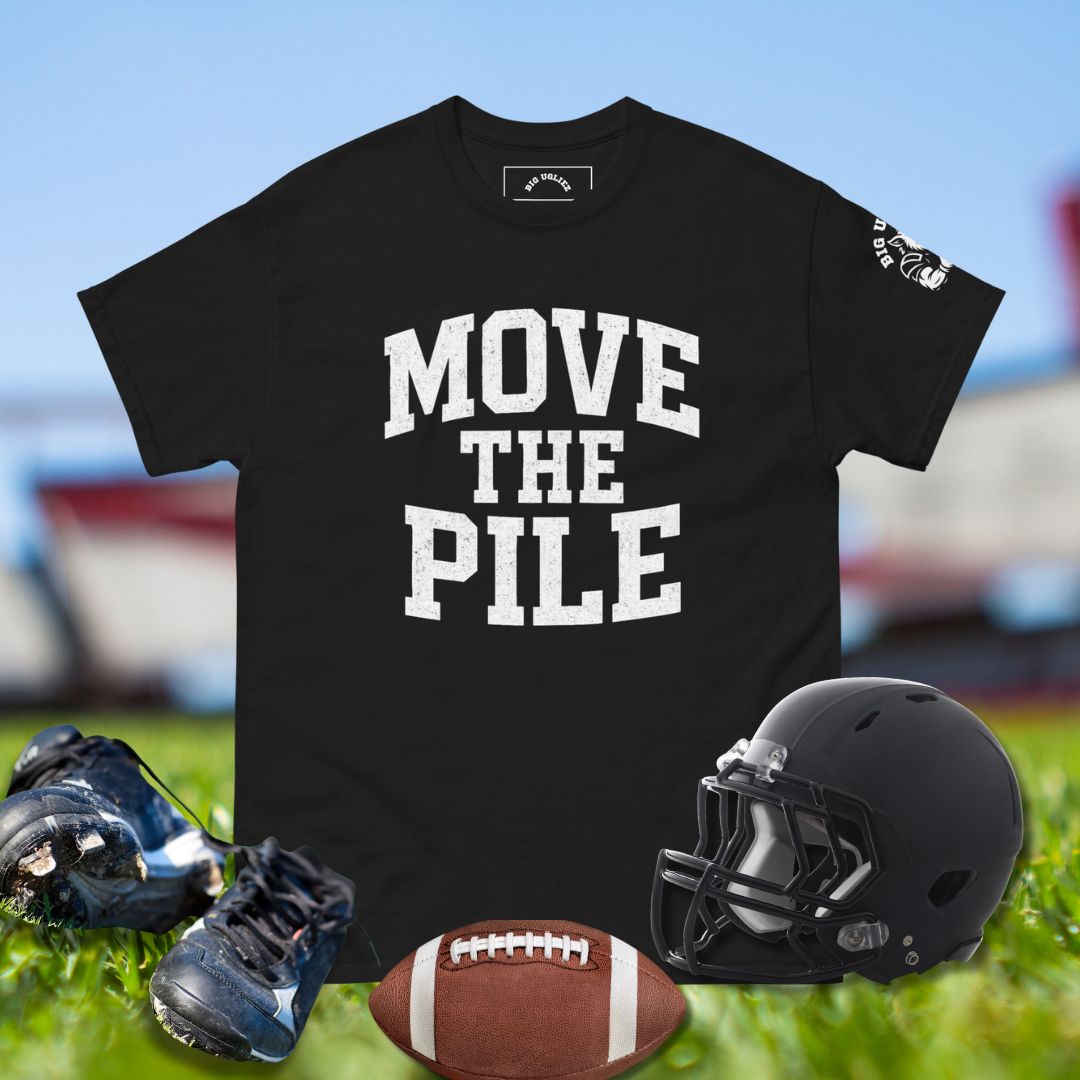 Big Ugliez Football shirt with bold Move the Pile text in white block letters