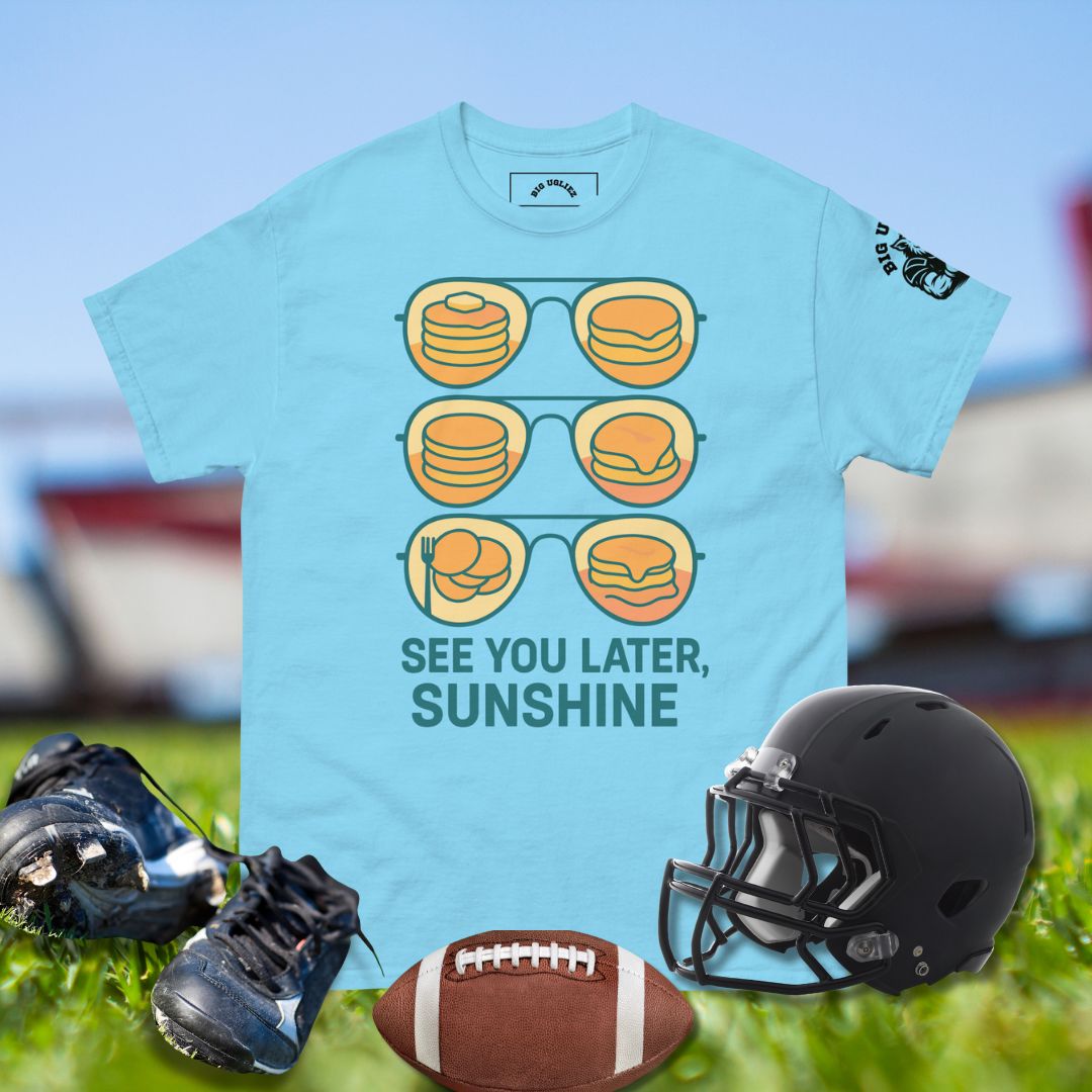 Football shirt with sunglasses reflecting pancakes and text See You Later Sunshine in Blue color