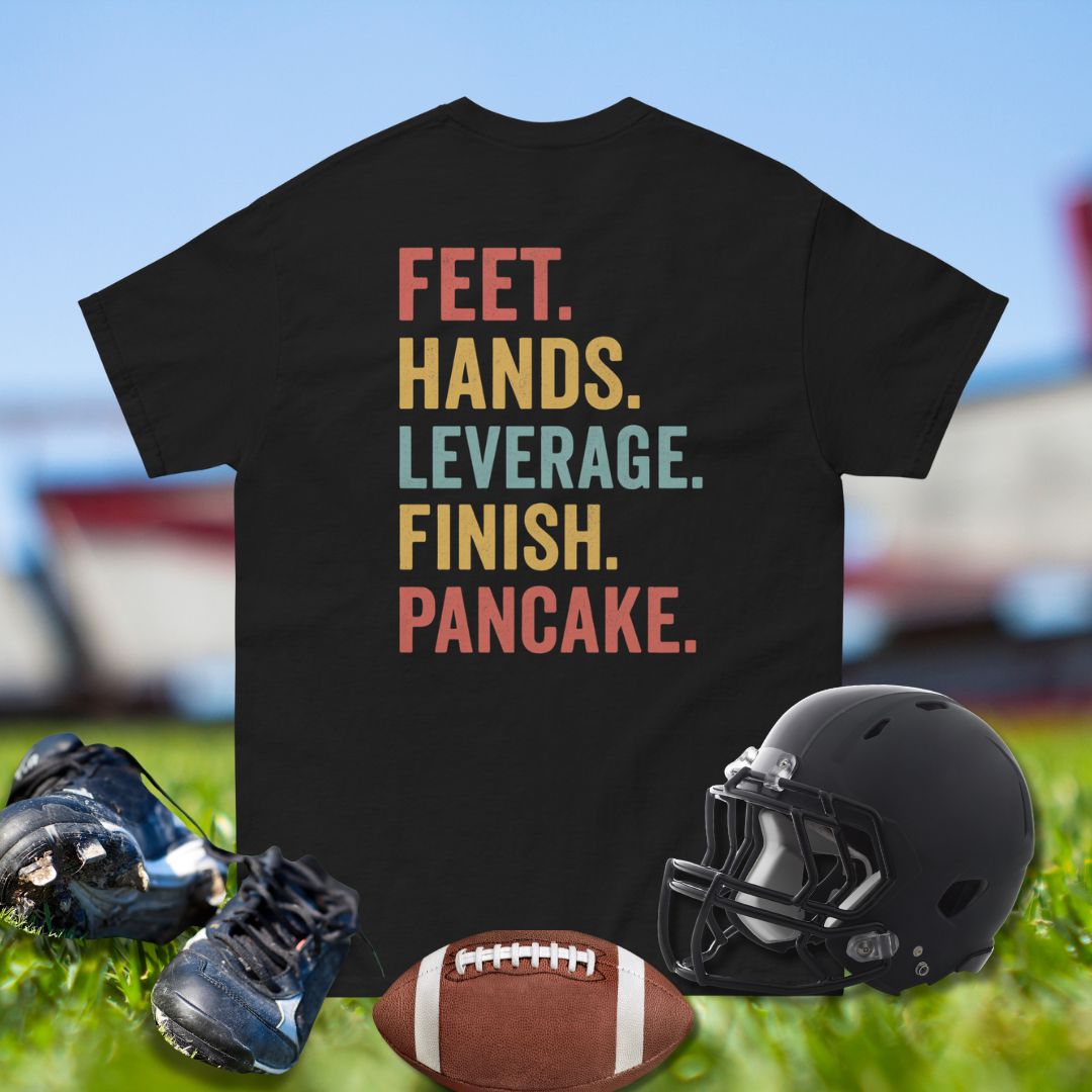 Football shirt with bold text Feet Hands Leverage Finish Pancake in multiple colors