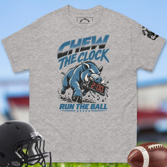 chew-the-clock-offensive-linemen-t-shirts-by-big-ugliez-in-gray color