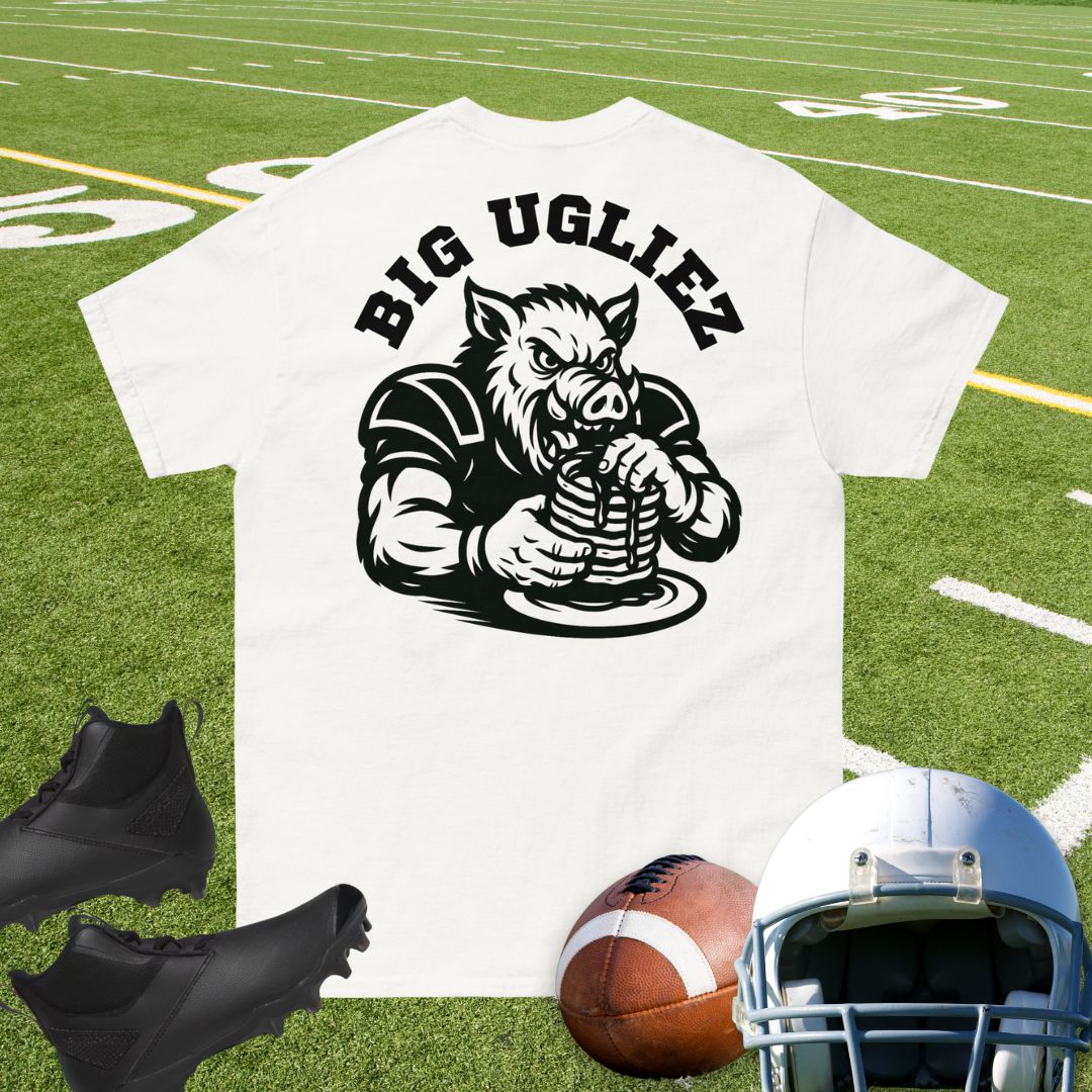 Hog logo eating pancake stack on offensive line t-shirt