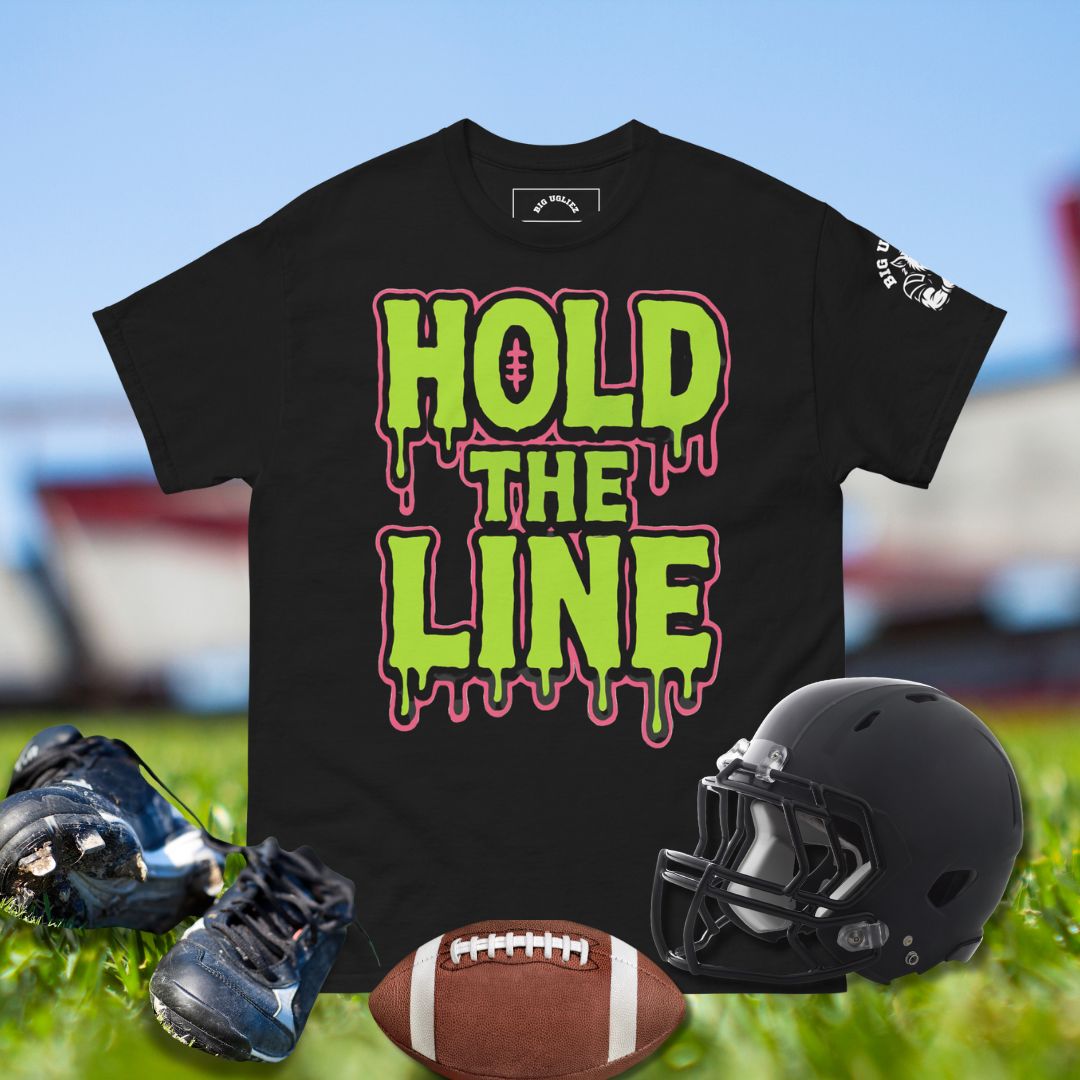 Olineman Football graphic tee with bold slime-style lettering reading Hold the Line.