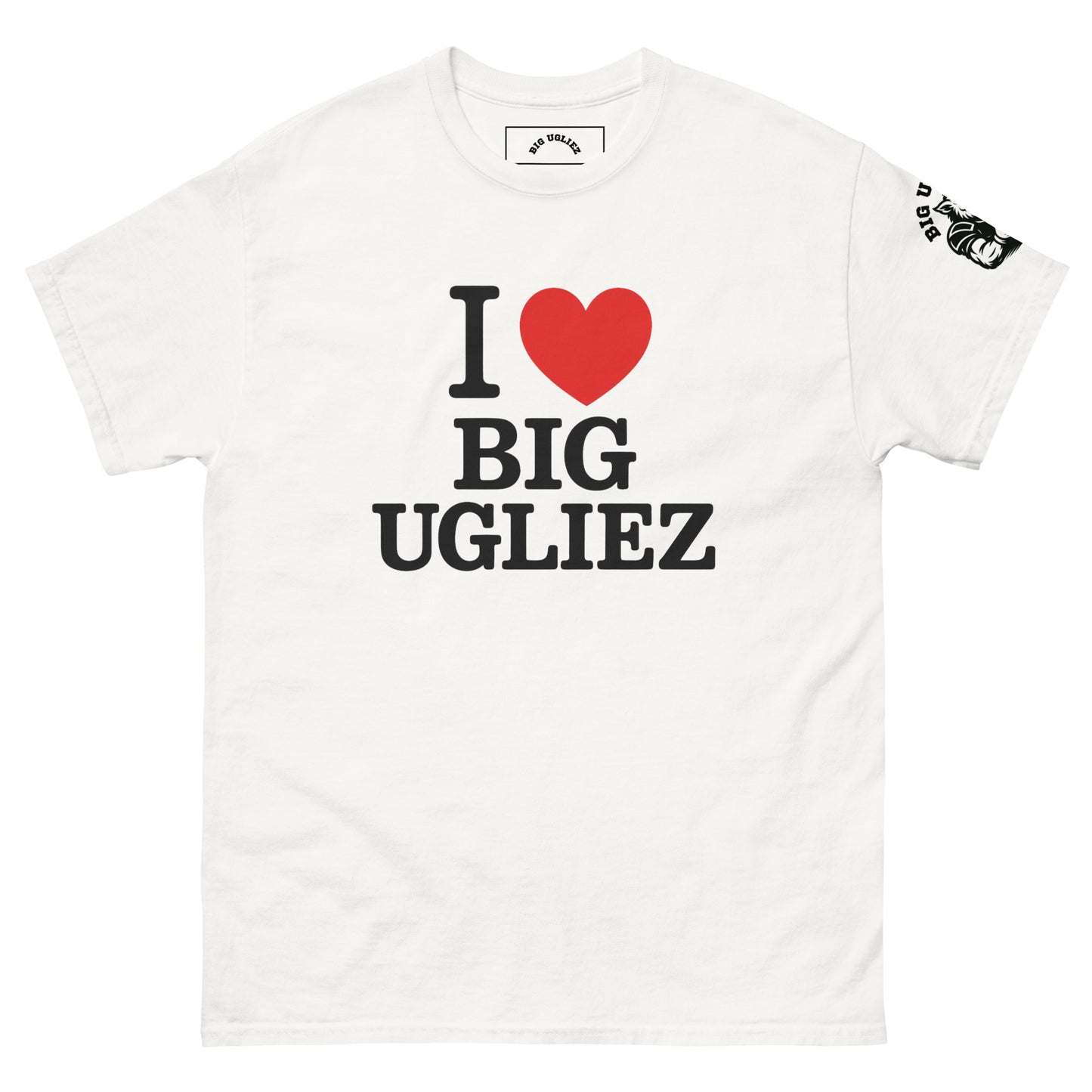 White t-shirt design with bold I ❤️ BIG UGLIEZ graphic