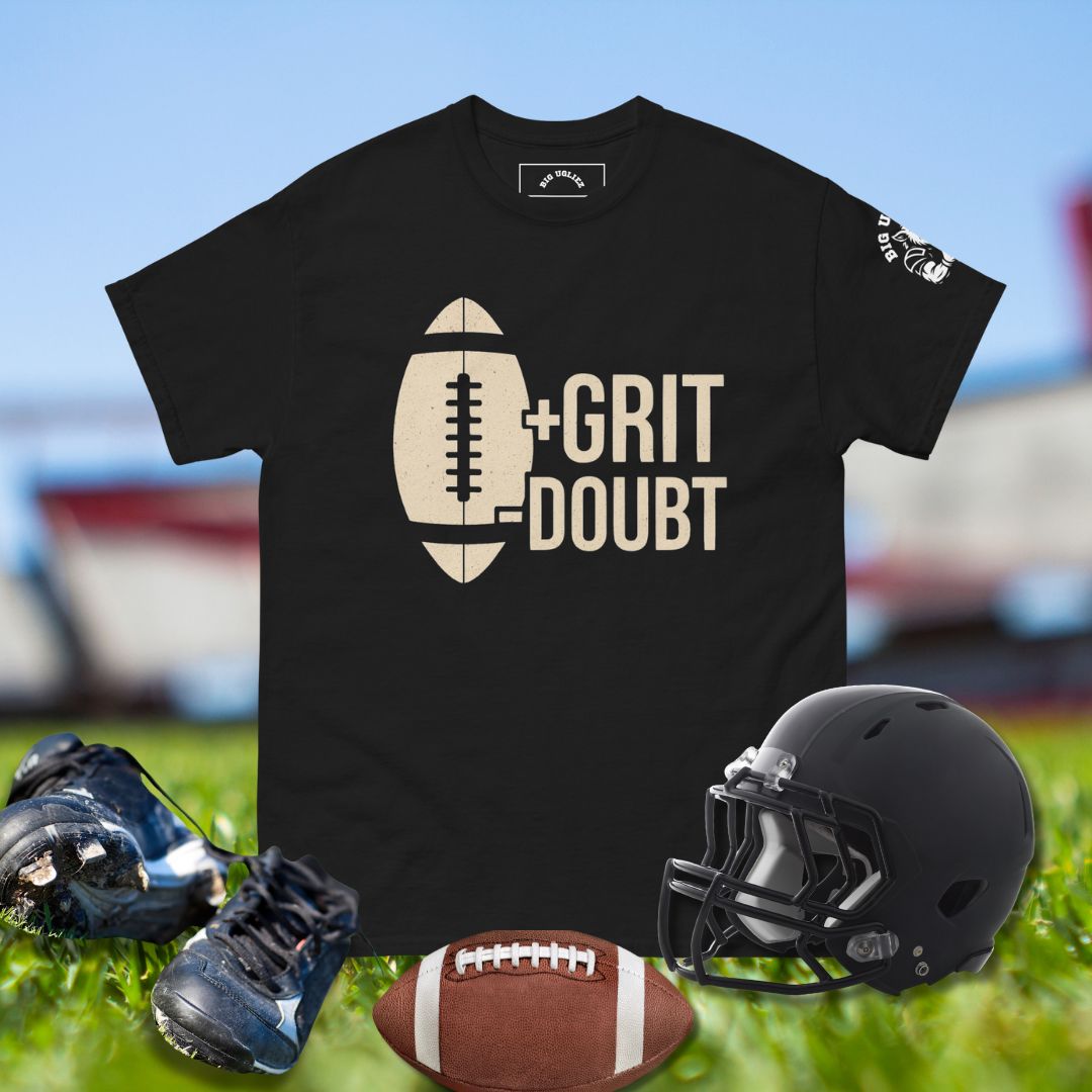 Football t-shirt design with bold text +GRIT -DOUBT.