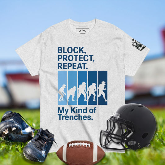 Offensive line inspired t-shirt featuring silhouette progression of football players in shades of blue.