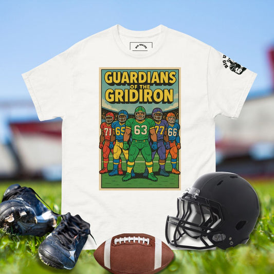 Football shirt with five linemen in colorful uniforms and text Guardians of the Gridiron