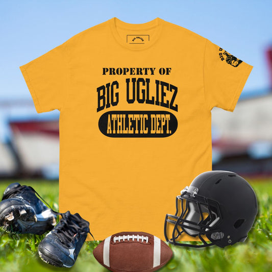 Property of Big Ugliez tee featuring athletic department design, bold black print, and see-through ATHLETIC DEPT. letters.