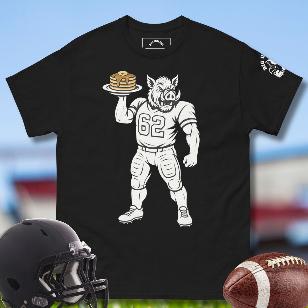 black tshirt with serving_up_pancakes tshirt for olineman football players by big ugliez