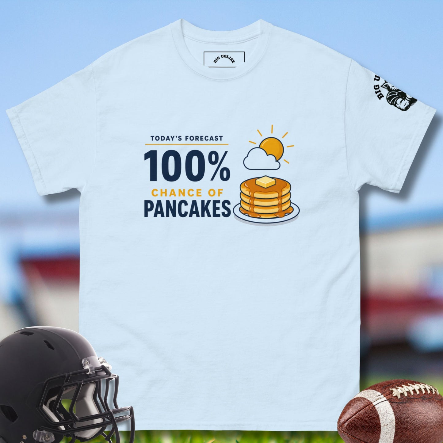 100 percent chance of pancakes tee for oline in light blue