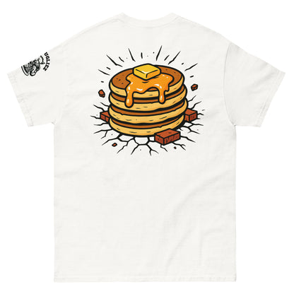Back of Block Party Tshirt by Big Ugliez pancake stack bursting through a brick wall.