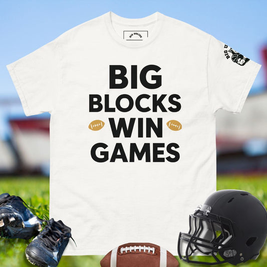 Big Ugliez Big Blocks Win Games football t-shirt featuring bold text and football graphics for offensive linemen.