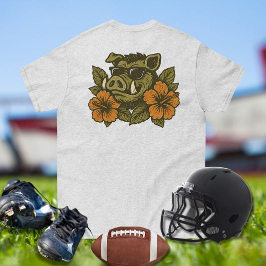 Big Ugliez Island Hog tee mixing offensive line pride with tropical style
