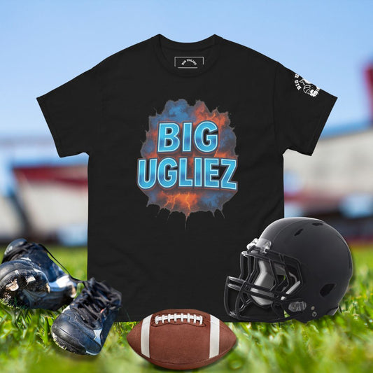 Big Ugliez football shirt with blue text and fiery smoke background