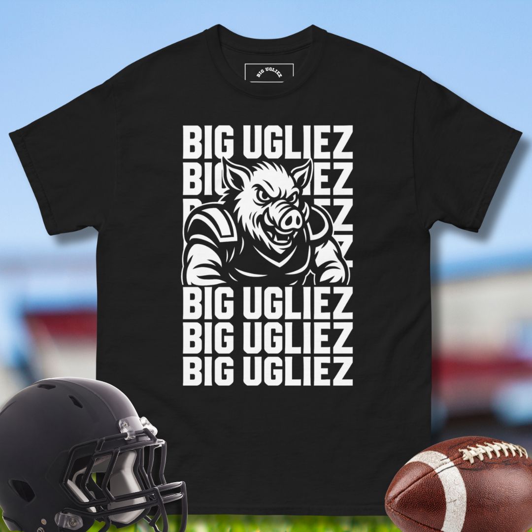 Black t-shirt with a graphic of a pig and text 'BIG UGLIEZ' on a sports field background.